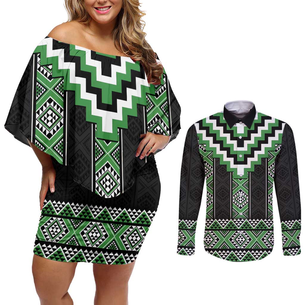 Green Taniko Pattern Aotearoa Couples Matching Off Shoulder Short Dress and Long Sleeve Button Shirt Niho Taniwha Mix Poutama LT14 Green - Polynesian Pride