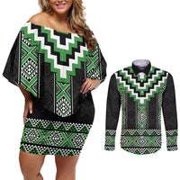 Green Taniko Pattern Aotearoa Couples Matching Off Shoulder Short Dress and Long Sleeve Button Shirt Niho Taniwha Mix Poutama LT14 Green - Polynesian Pride