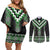 Green Taniko Pattern Aotearoa Couples Matching Off Shoulder Short Dress and Long Sleeve Button Shirt Niho Taniwha Mix Poutama LT14