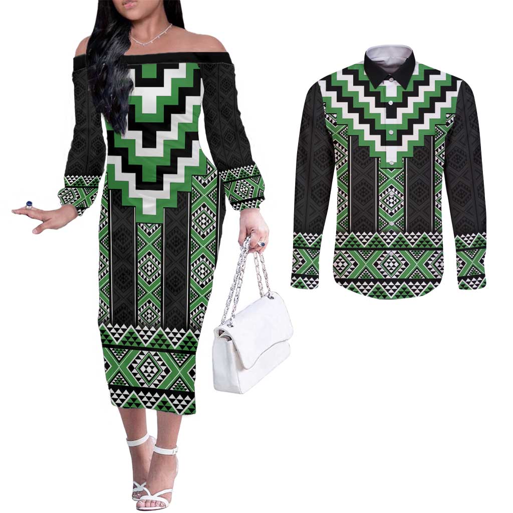 Green Taniko Pattern Aotearoa Couples Matching Off The Shoulder Long Sleeve Dress and Long Sleeve Button Shirt Niho Taniwha Mix Poutama LT14 Green - Polynesian Pride