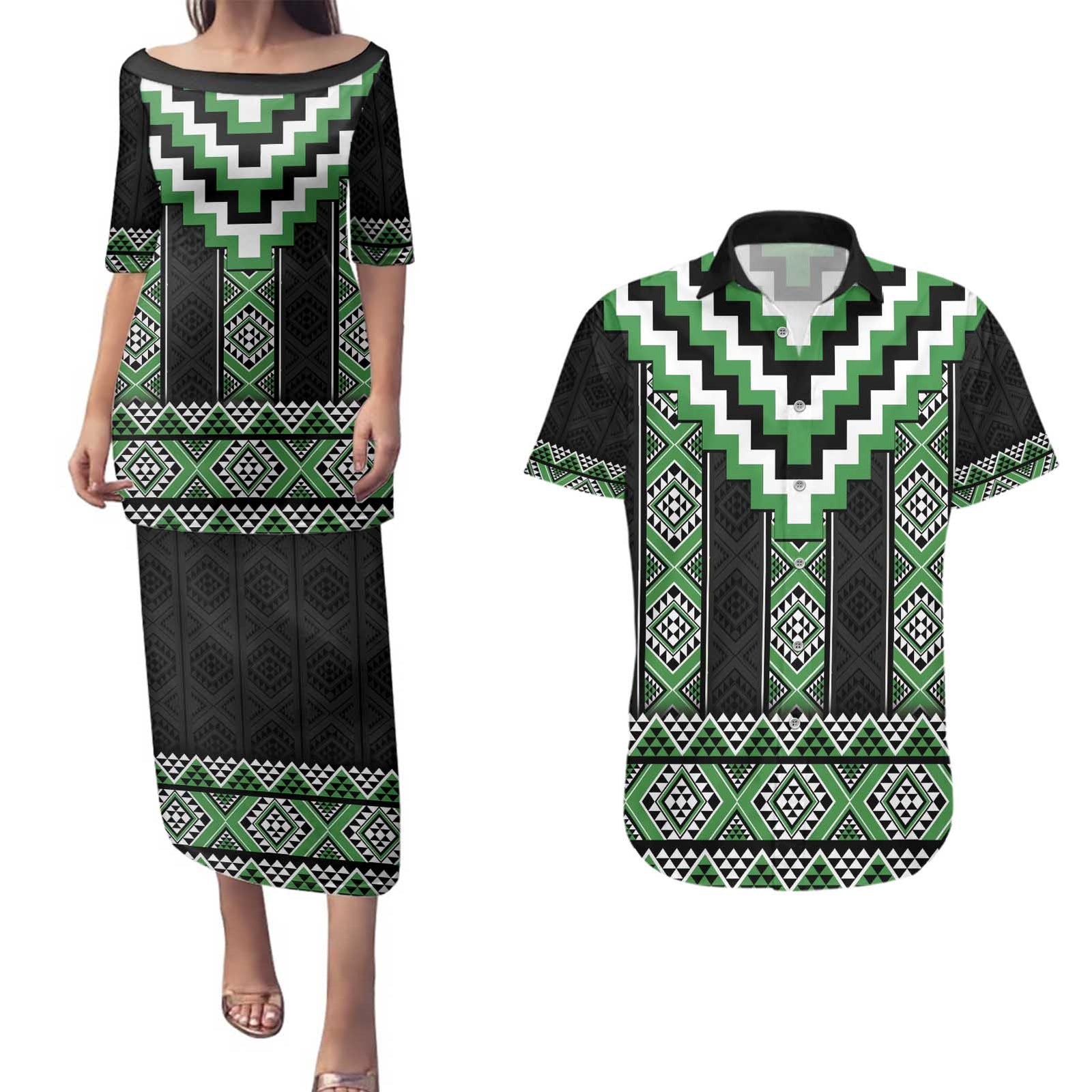Green Taniko Pattern Aotearoa Couples Matching Puletasi and Hawaiian Shirt Niho Taniwha Mix Poutama LT14 Green - Polynesian Pride