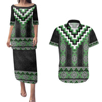 Green Taniko Pattern Aotearoa Couples Matching Puletasi and Hawaiian Shirt Niho Taniwha Mix Poutama LT14 Green - Polynesian Pride