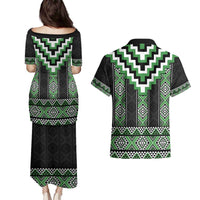 Green Taniko Pattern Aotearoa Couples Matching Puletasi and Hawaiian Shirt Niho Taniwha Mix Poutama LT14 - Polynesian Pride