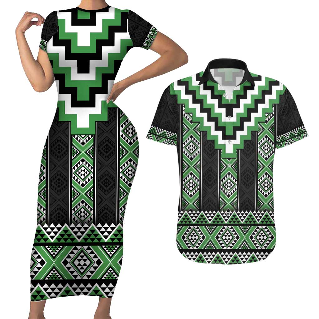 Green Taniko Pattern Aotearoa Couples Matching Short Sleeve Bodycon Dress and Hawaiian Shirt Niho Taniwha Mix Poutama LT14 Green - Polynesian Pride