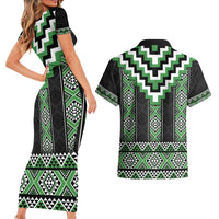 Green Taniko Pattern Aotearoa Couples Matching Short Sleeve Bodycon Dress and Hawaiian Shirt Niho Taniwha Mix Poutama LT14 - Polynesian Pride