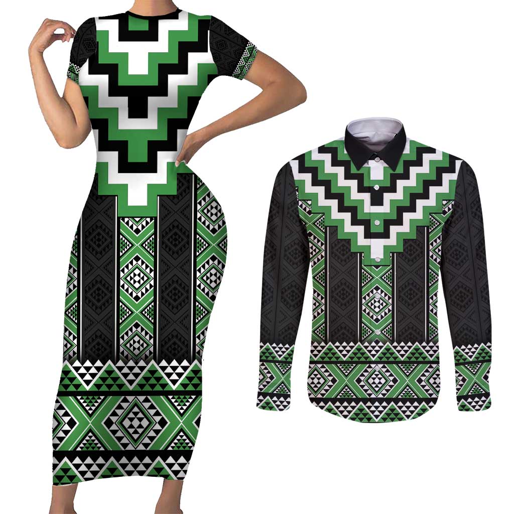 Green Taniko Pattern Aotearoa Couples Matching Short Sleeve Bodycon Dress and Long Sleeve Button Shirt Niho Taniwha Mix Poutama LT14 Green - Polynesian Pride
