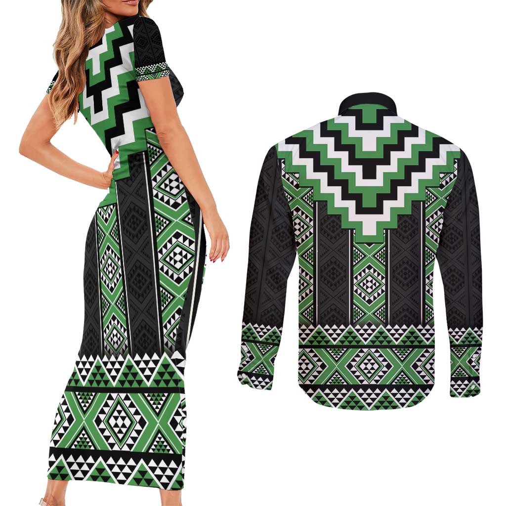 Green Taniko Pattern Aotearoa Couples Matching Short Sleeve Bodycon Dress and Long Sleeve Button Shirt Niho Taniwha Mix Poutama LT14 - Polynesian Pride