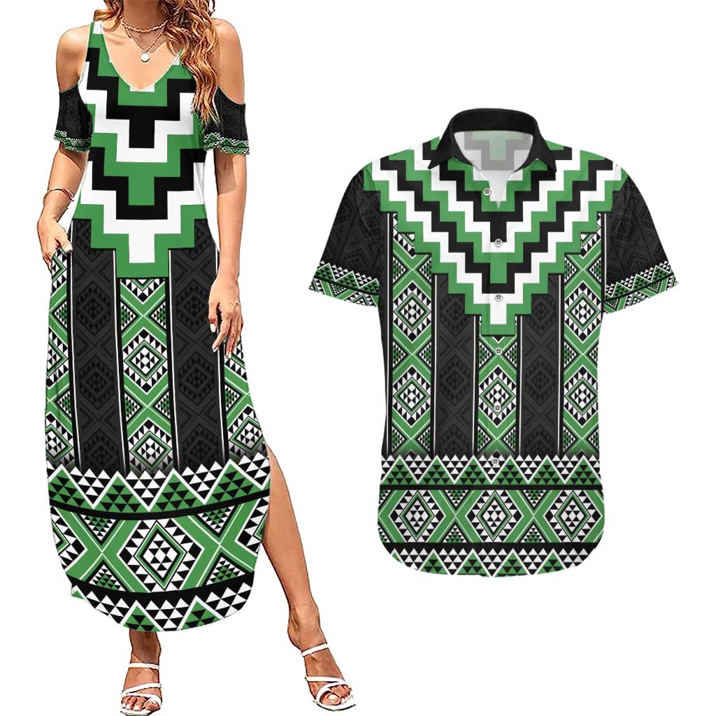 Green Taniko Pattern Aotearoa Couples Matching Summer Maxi Dress and Hawaiian Shirt Niho Taniwha Mix Poutama LT14 Green - Polynesian Pride