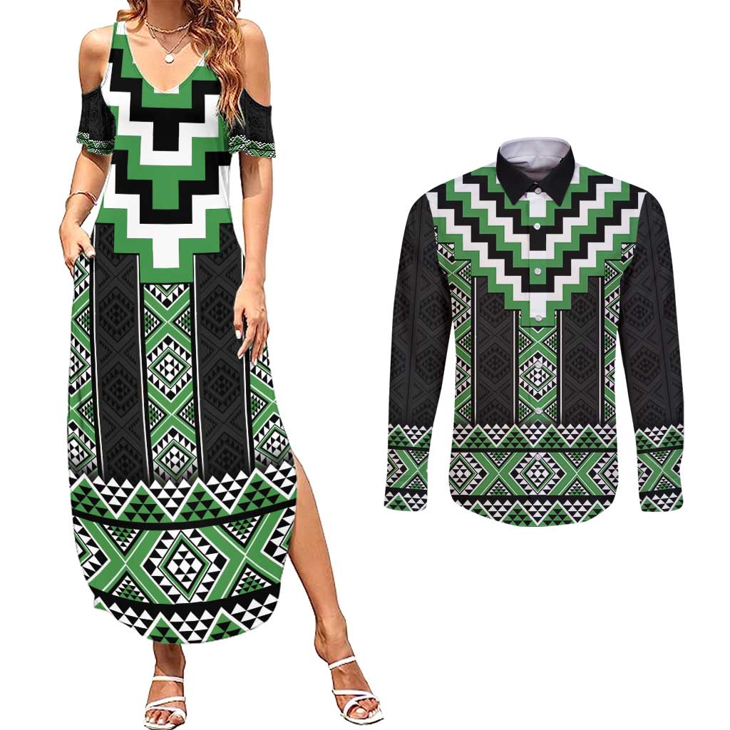 Green Taniko Pattern Aotearoa Couples Matching Summer Maxi Dress and Long Sleeve Button Shirt Niho Taniwha Mix Poutama LT14
