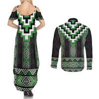 Green Taniko Pattern Aotearoa Couples Matching Summer Maxi Dress and Long Sleeve Button Shirt Niho Taniwha Mix Poutama LT14 - Polynesian Pride