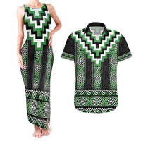 Green Taniko Pattern Aotearoa Couples Matching Tank Maxi Dress and Hawaiian Shirt Niho Taniwha Mix Poutama LT14 Green - Polynesian Pride