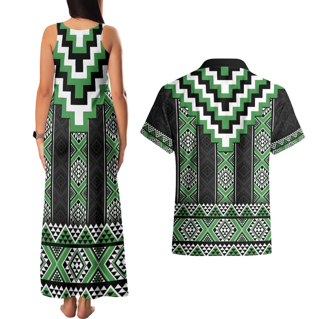 Green Taniko Pattern Aotearoa Couples Matching Tank Maxi Dress and Hawaiian Shirt Niho Taniwha Mix Poutama LT14 - Polynesian Pride