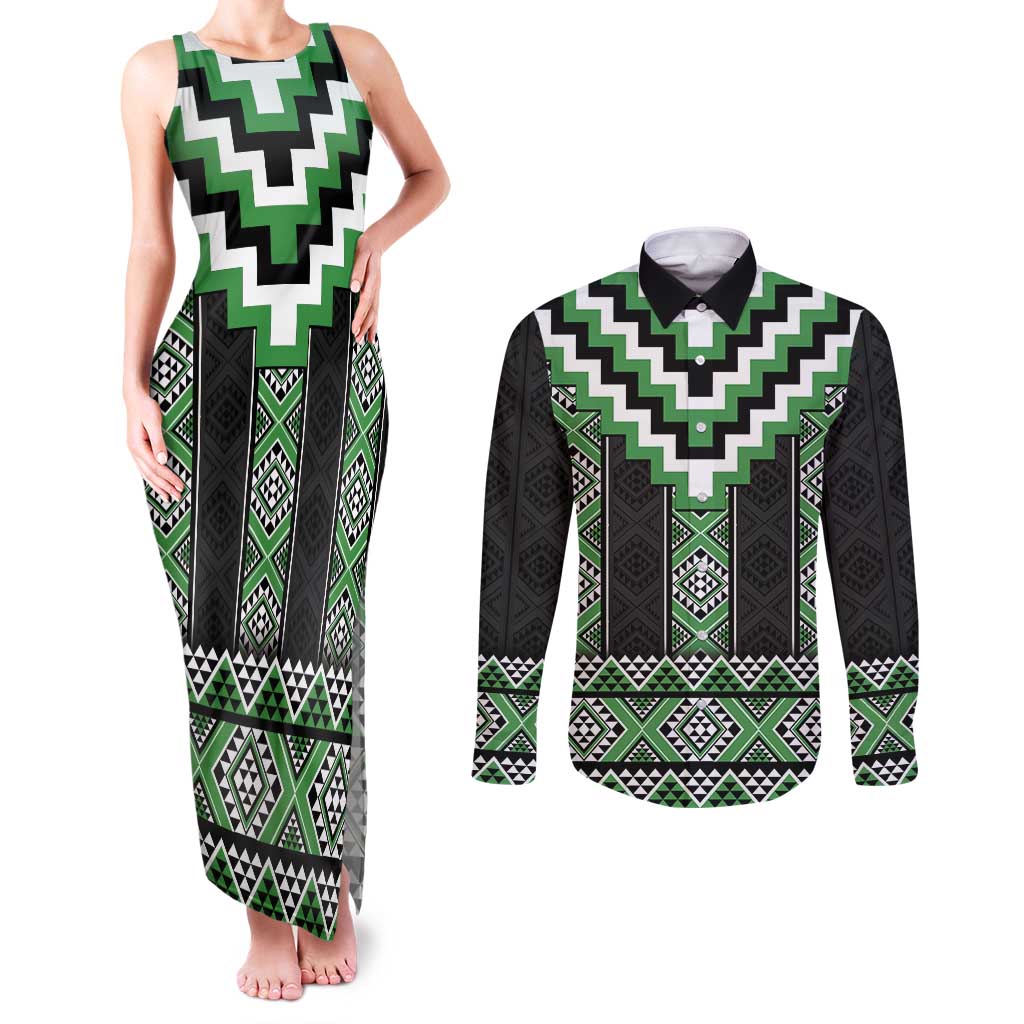 Green Taniko Pattern Aotearoa Couples Matching Tank Maxi Dress and Long Sleeve Button Shirt Niho Taniwha Mix Poutama LT14 Green - Polynesian Pride