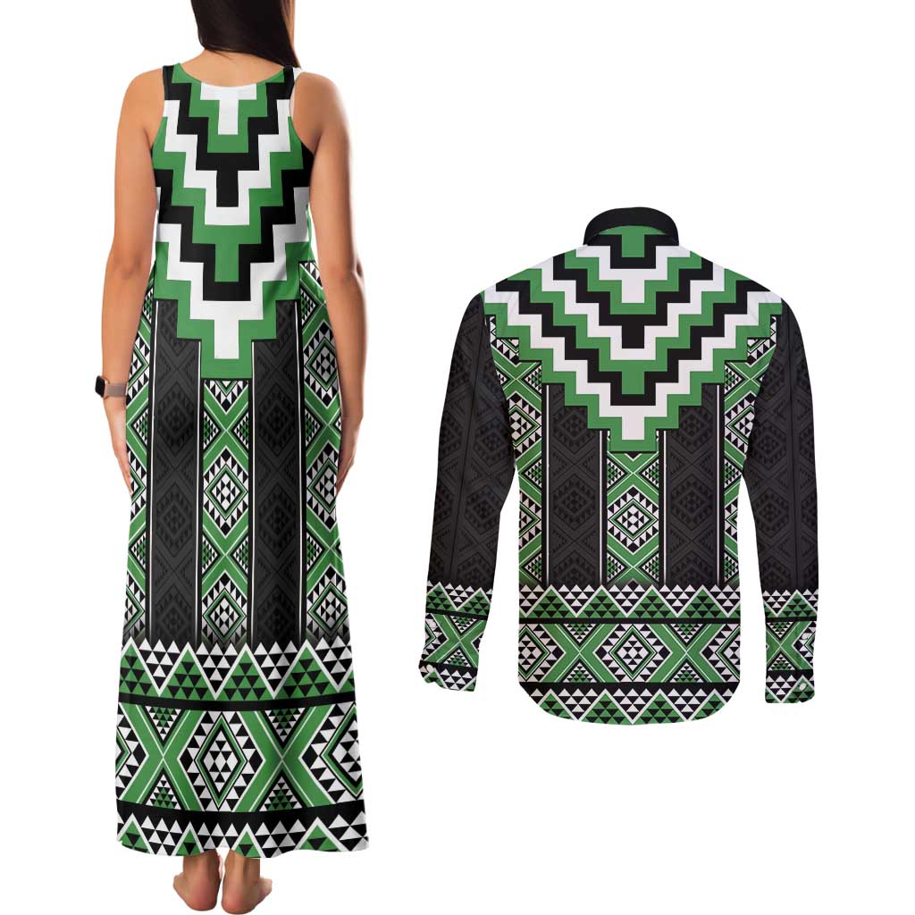 Green Taniko Pattern Aotearoa Couples Matching Tank Maxi Dress and Long Sleeve Button Shirt Niho Taniwha Mix Poutama LT14 - Polynesian Pride