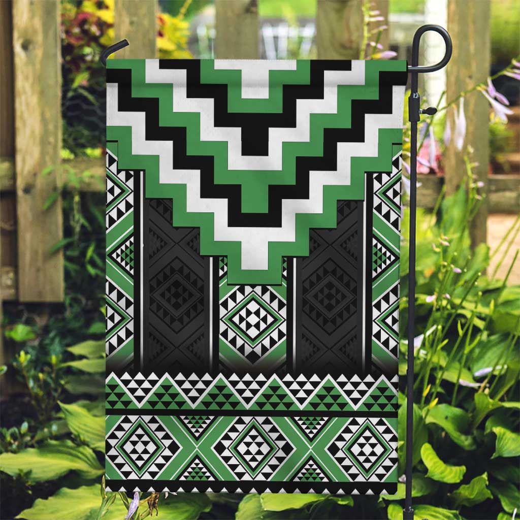 Green Taniko Pattern Aotearoa Garden Flag Niho Taniwha Mix Poutama LT14 Garden Flag Green - Polynesian Pride