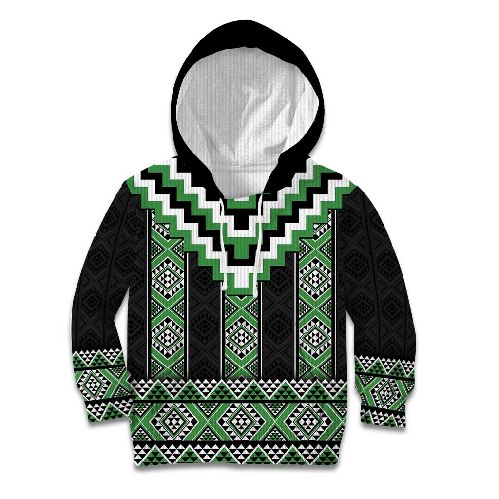 Green Taniko Pattern Aotearoa Kid Hoodie Niho Taniwha Mix Poutama LT14