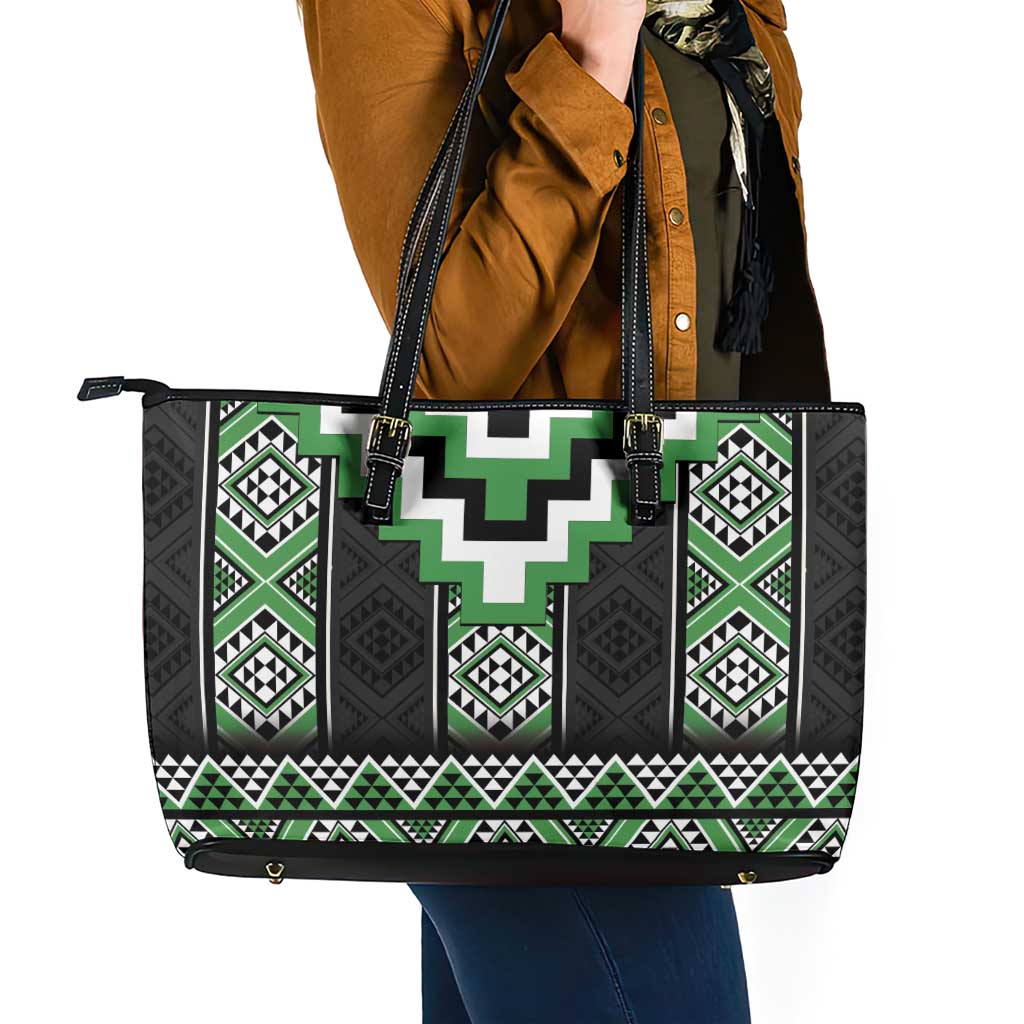 Green Taniko Pattern Aotearoa Leather Tote Bag Niho Taniwha Mix Poutama LT14 - Polynesian Pride