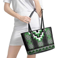 Green Taniko Pattern Aotearoa Leather Tote Bag Niho Taniwha Mix Poutama LT14 - Polynesian Pride