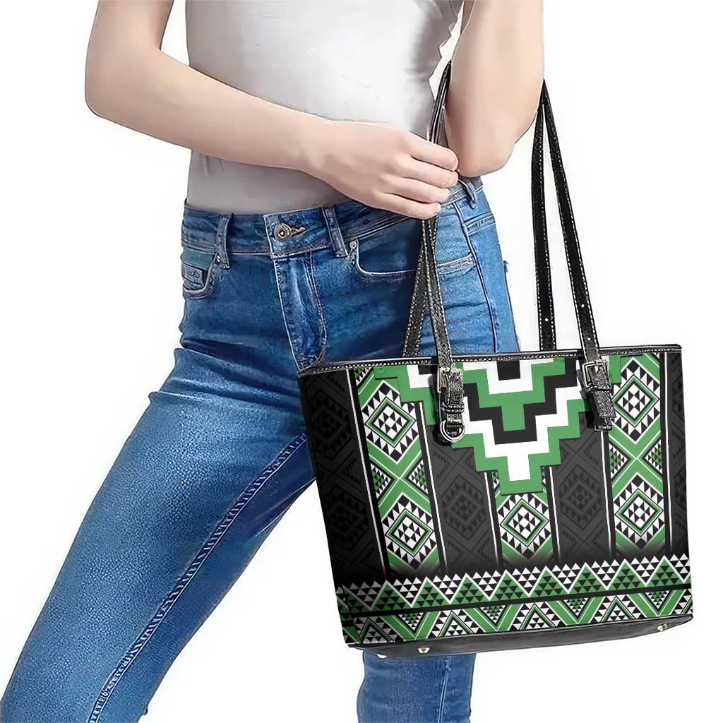 Green Taniko Pattern Aotearoa Leather Tote Bag Niho Taniwha Mix Poutama LT14 - Polynesian Pride