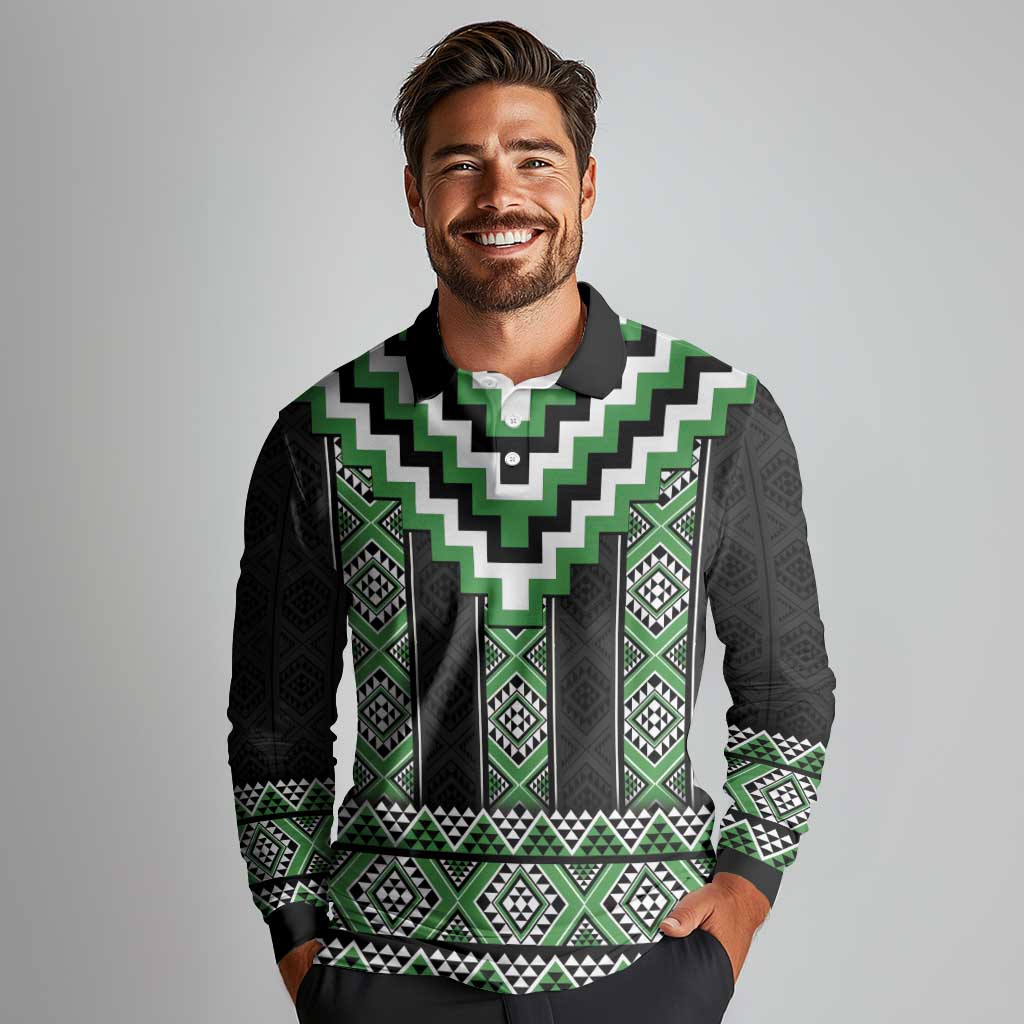 Green Taniko Pattern Aotearoa Long Sleeve Polo Shirt Niho Taniwha Mix Poutama LT14