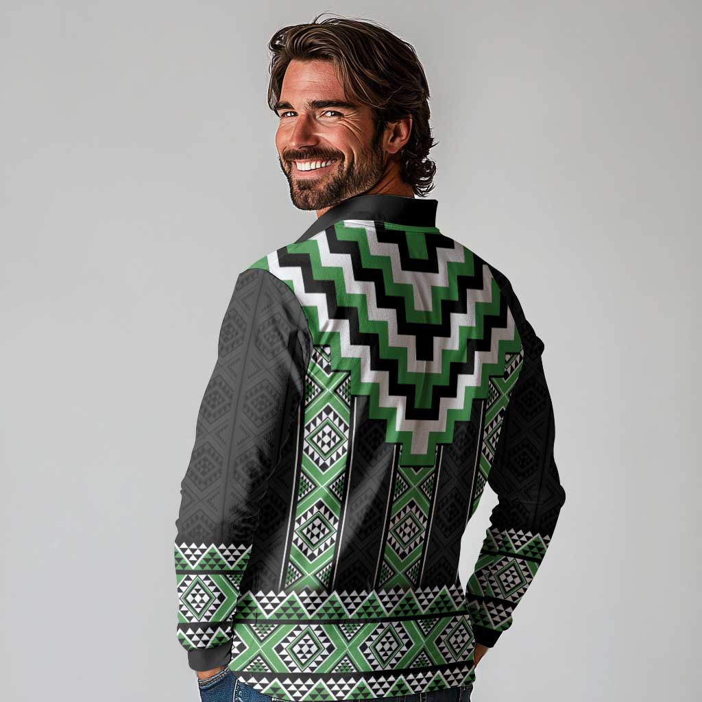 Green Taniko Pattern Aotearoa Long Sleeve Polo Shirt Niho Taniwha Mix Poutama LT14