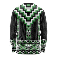Green Taniko Pattern Aotearoa Long Sleeve Shirt Niho Taniwha Mix Poutama LT14