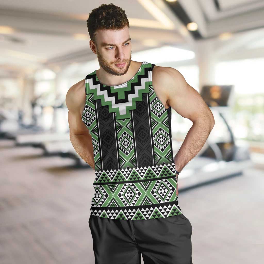 Green Taniko Pattern Aotearoa Men Tank Top Niho Taniwha Mix Poutama LT14 Green - Polynesian Pride