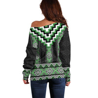 Green Taniko Pattern Aotearoa Off Shoulder Sweater Niho Taniwha Mix Poutama LT14