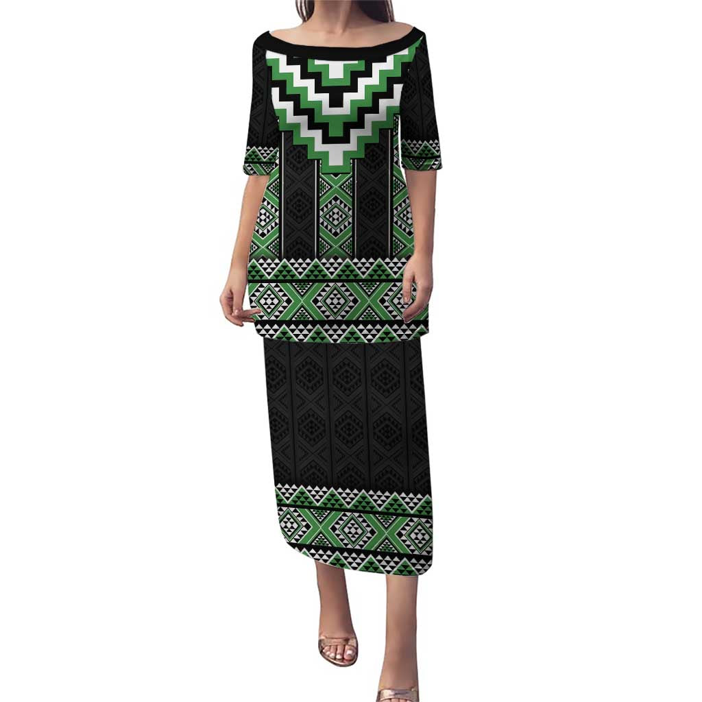 Green Taniko Pattern Aotearoa Puletasi Niho Taniwha Mix Poutama LT14 Long Dress Green - Polynesian Pride