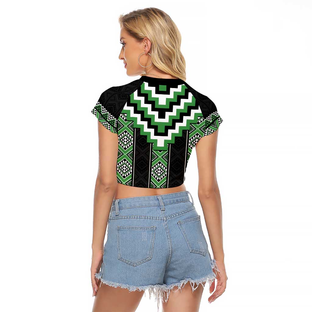 Green Taniko Pattern Aotearoa Raglan Cropped T Shirt Niho Taniwha Mix Poutama LT14 - Polynesian Pride