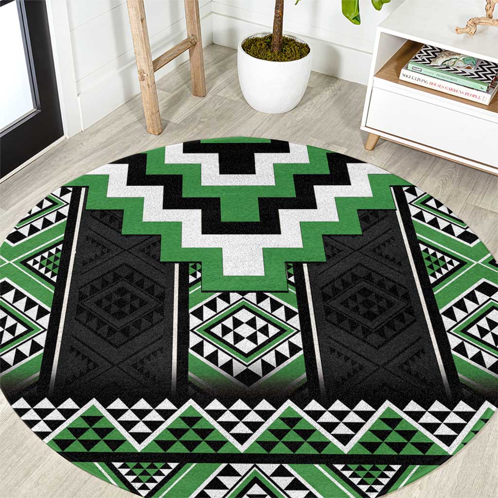 Green Taniko Pattern Aotearoa Round Carpet Niho Taniwha Mix Poutama