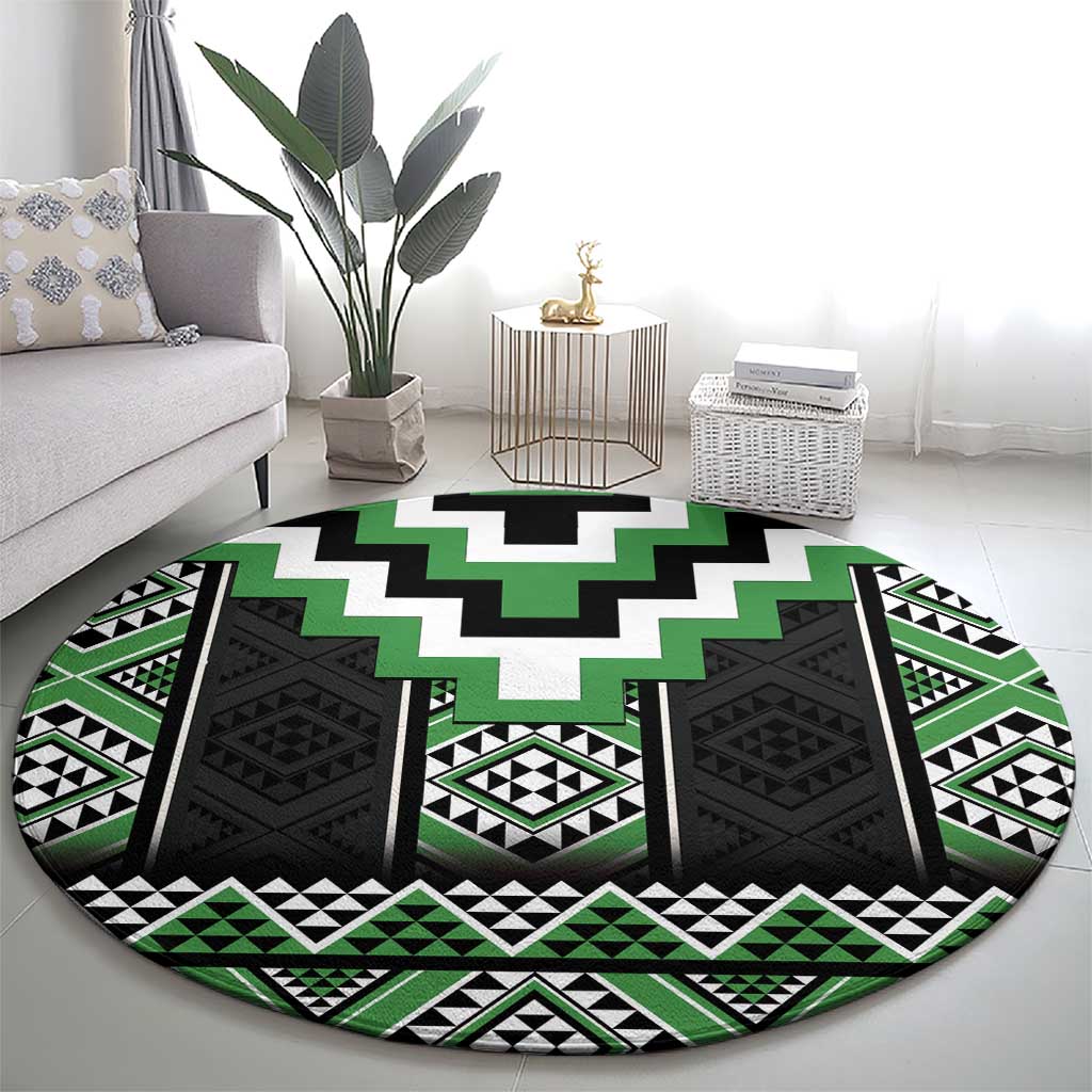 Green Taniko Pattern Aotearoa Round Carpet Niho Taniwha Mix Poutama