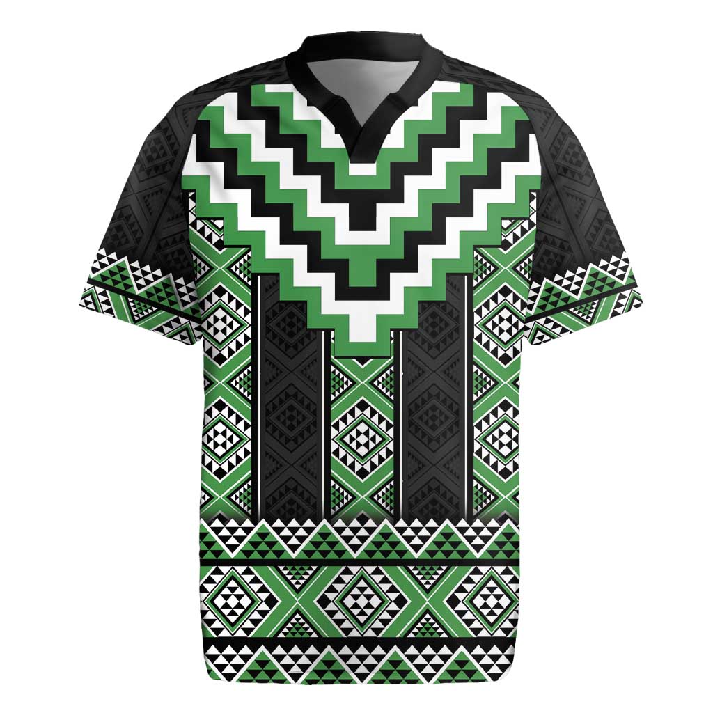 Green Taniko Pattern Aotearoa Rugby Jersey Niho Taniwha Mix Poutama LT14 Green - Polynesian Pride