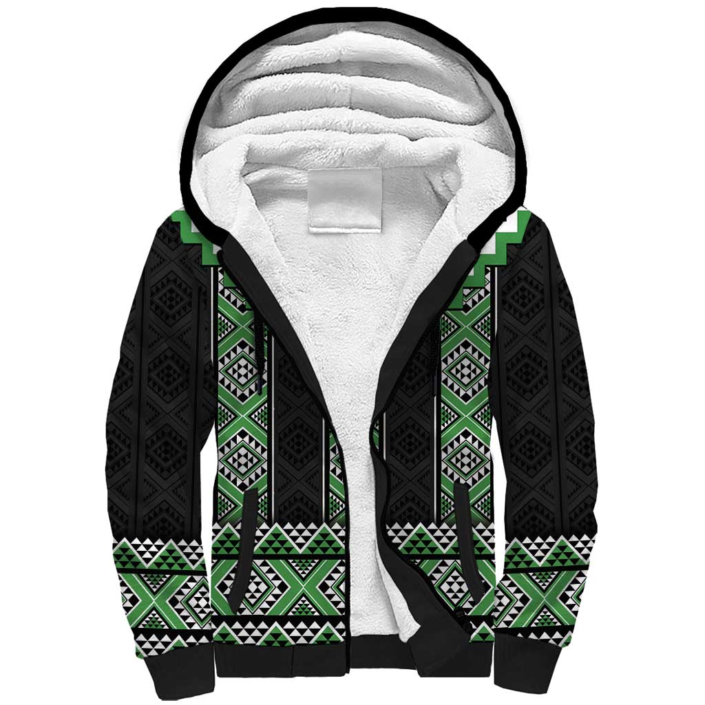 Green Taniko Pattern Aotearoa Sherpa Hoodie Niho Taniwha Mix Poutama LT14 Unisex Green - Polynesian Pride