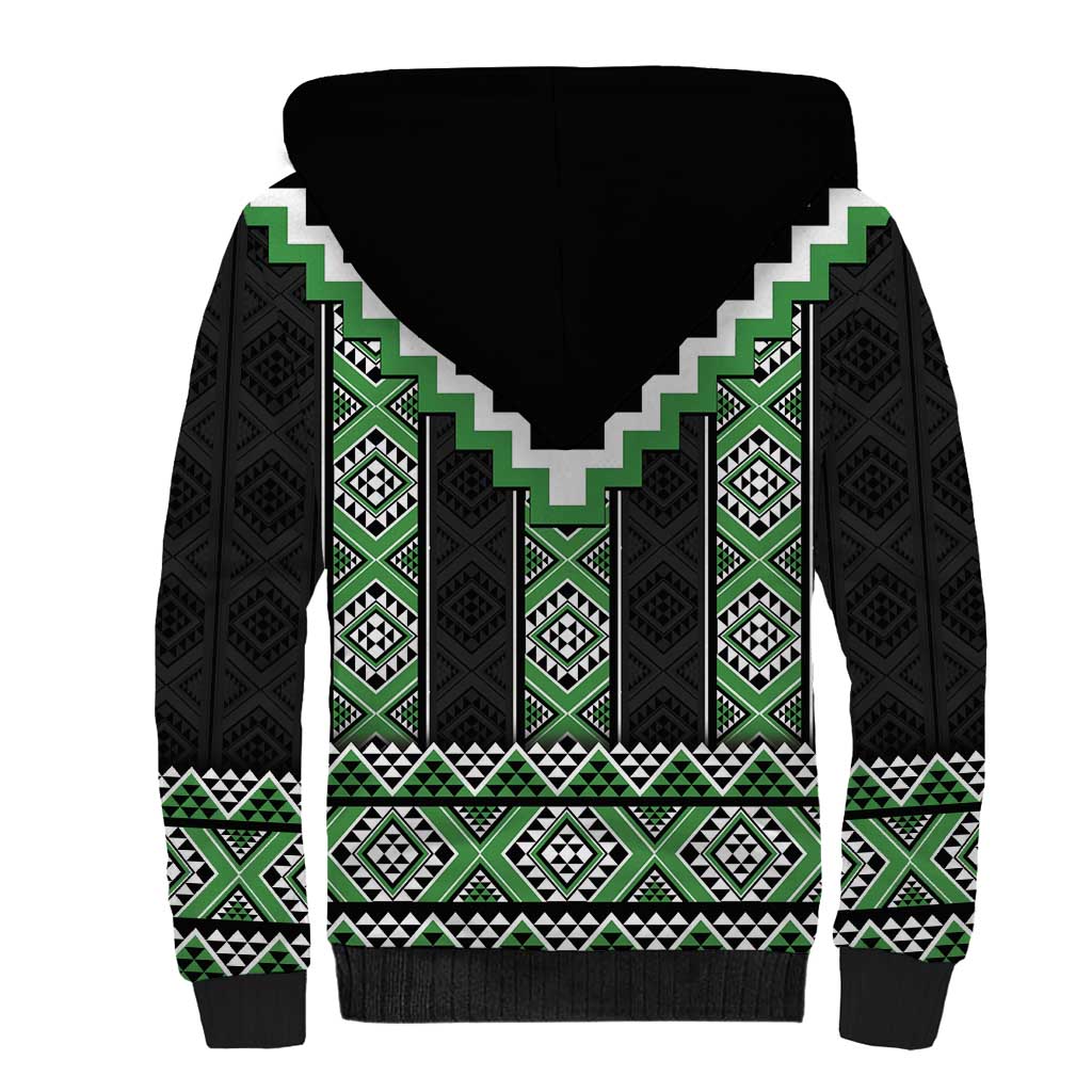 Green Taniko Pattern Aotearoa Sherpa Hoodie Niho Taniwha Mix Poutama LT14 - Polynesian Pride
