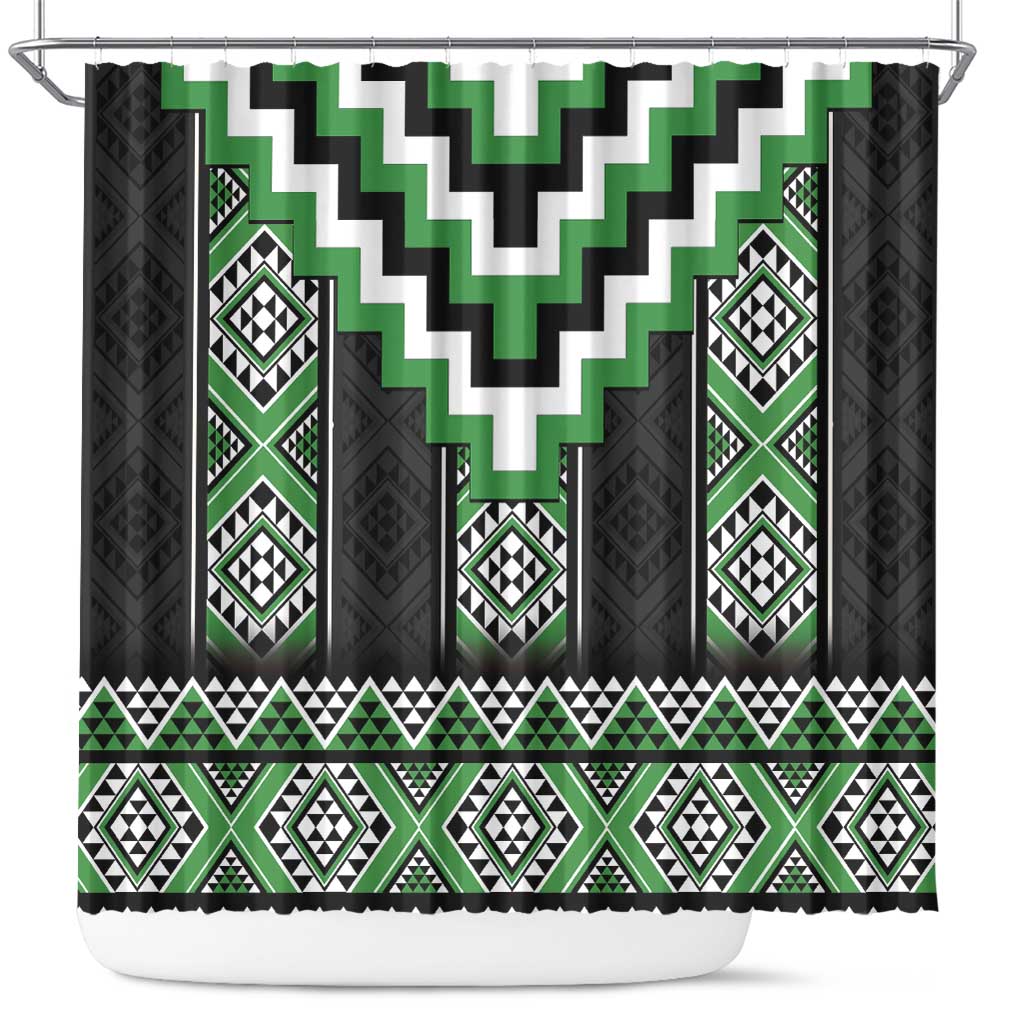 Green Taniko Pattern Aotearoa Shower Curtain Niho Taniwha Mix Poutama