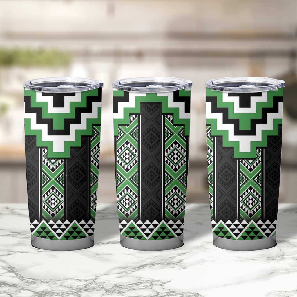 Green Taniko Pattern Aotearoa Tumbler Cup Niho Taniwha Mix Poutama LT14 - Polynesian Pride