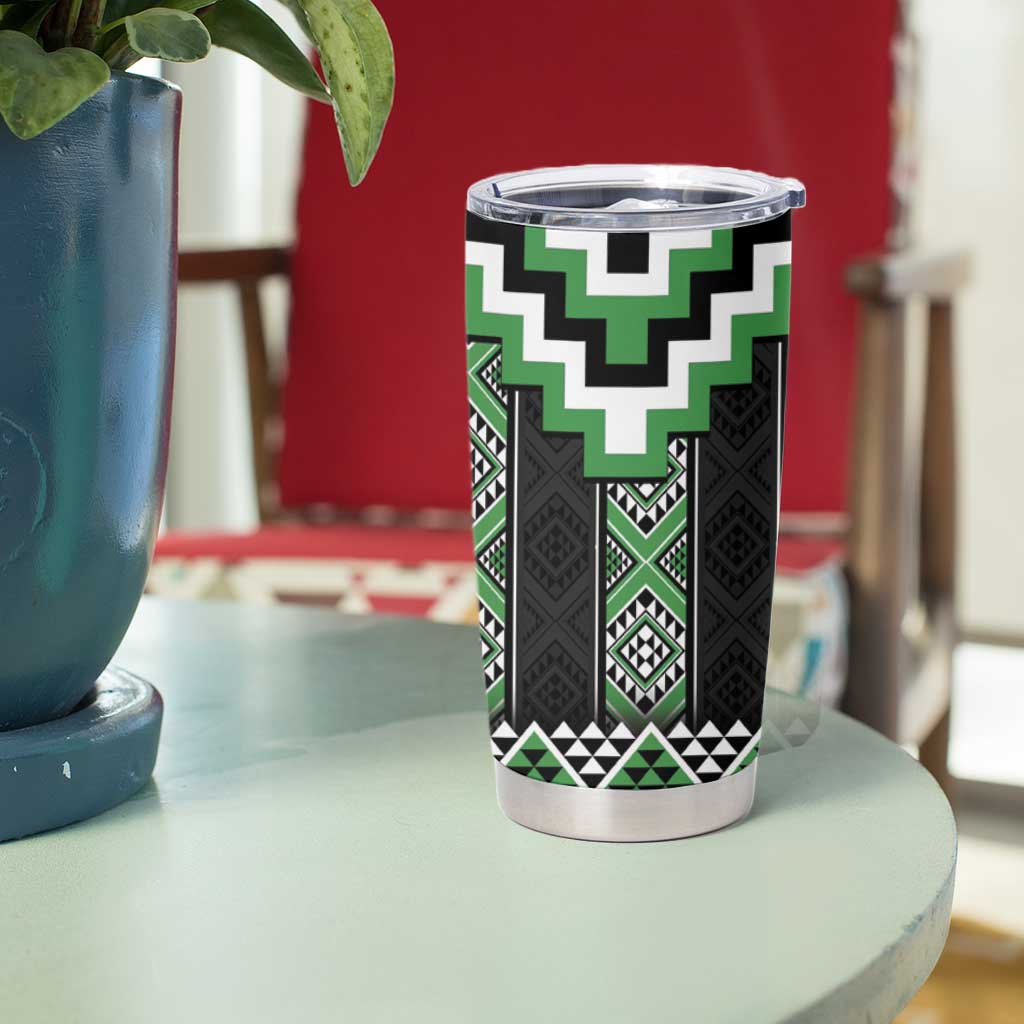 Green Taniko Pattern Aotearoa Tumbler Cup Niho Taniwha Mix Poutama LT14 - Polynesian Pride