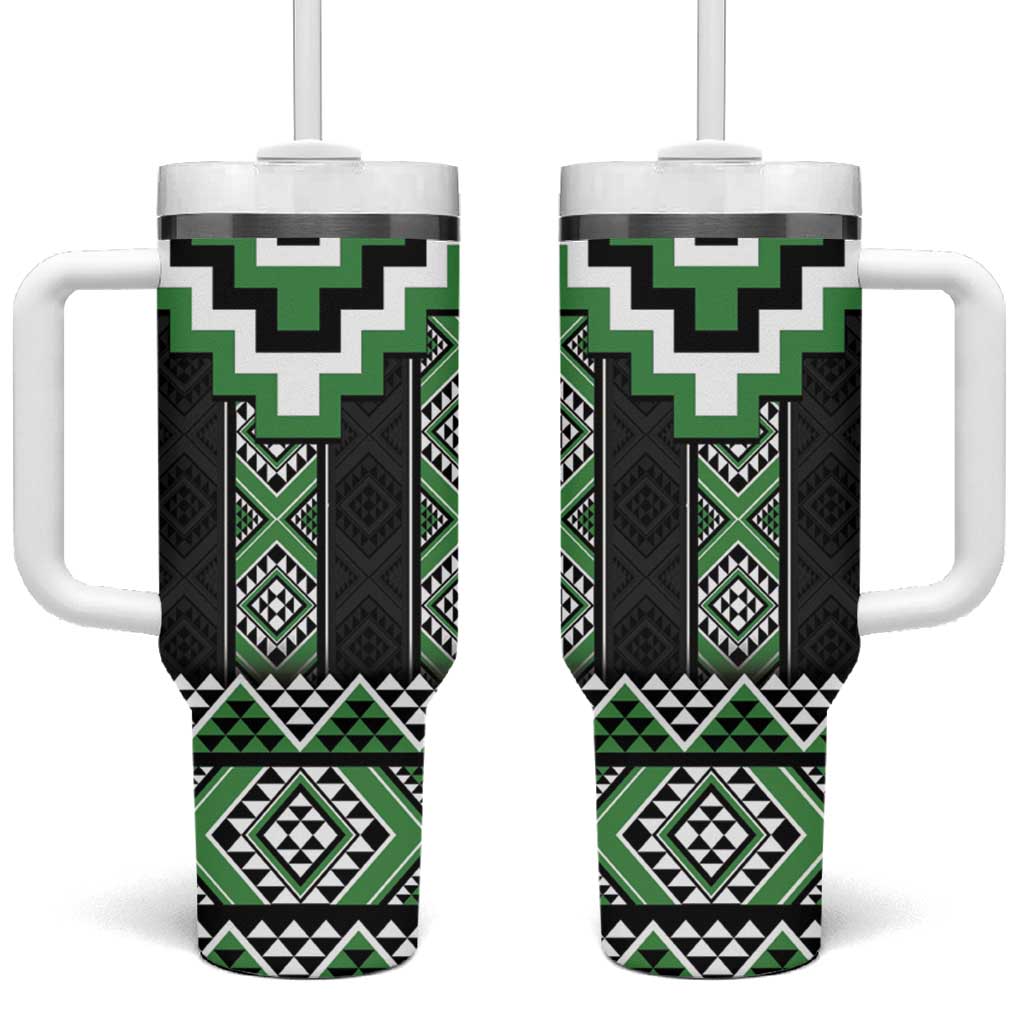 Green Taniko Pattern Aotearoa Tumbler With Handle Niho Taniwha Mix Poutama LT14 One Size: 40 oz Green - Polynesian Pride