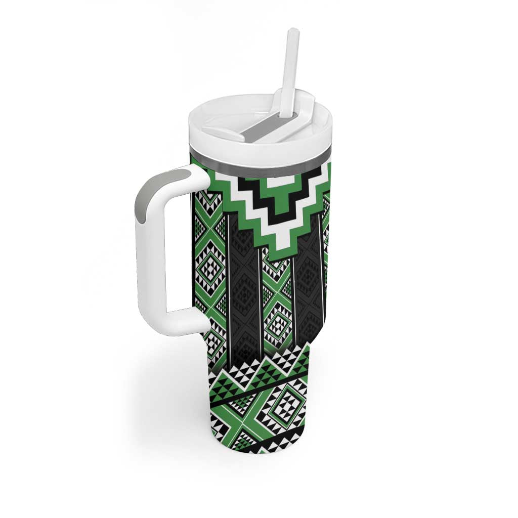 Green Taniko Pattern Aotearoa Tumbler With Handle Niho Taniwha Mix Poutama LT14 - Polynesian Pride