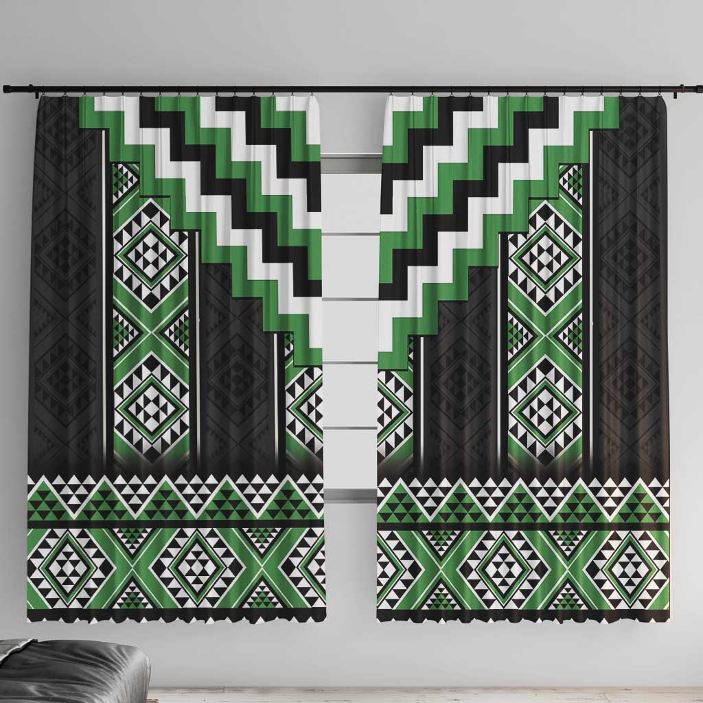 Green Taniko Pattern Aotearoa Window Curtain Niho Taniwha Mix Poutama LT14 With Hooks Green - Polynesian Pride