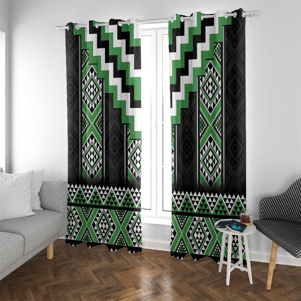 Green Taniko Pattern Aotearoa Window Curtain Niho Taniwha Mix Poutama LT14 With Grommets Green - Polynesian Pride