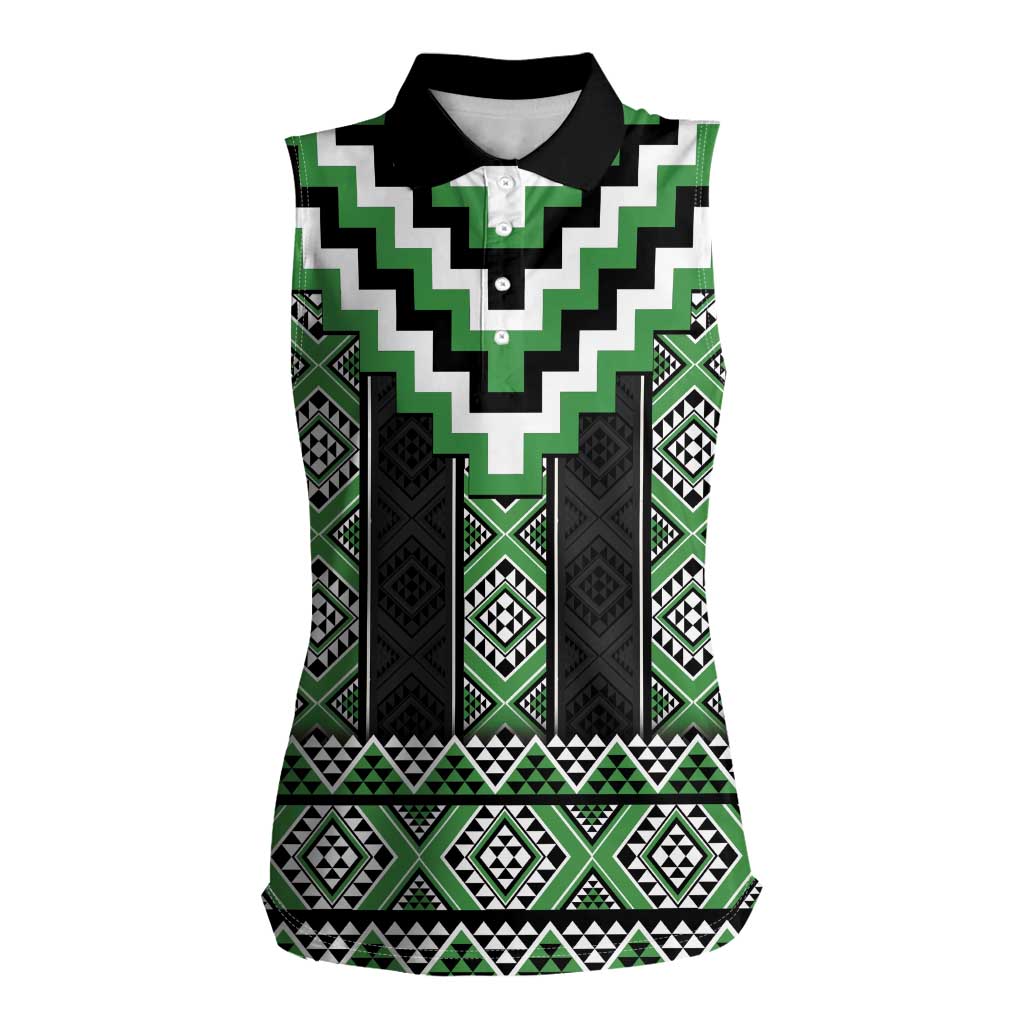Green Taniko Pattern Aotearoa Women Sleeveless Polo Shirt Niho Taniwha Mix Poutama LT14 Female Green - Polynesian Pride