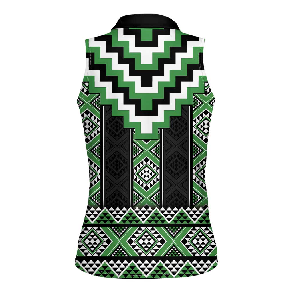 Green Taniko Pattern Aotearoa Women Sleeveless Polo Shirt Niho Taniwha Mix Poutama LT14 - Polynesian Pride