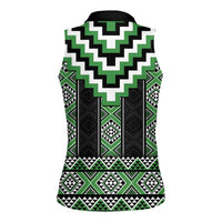 Green Taniko Pattern Aotearoa Women Sleeveless Polo Shirt Niho Taniwha Mix Poutama LT14 - Polynesian Pride