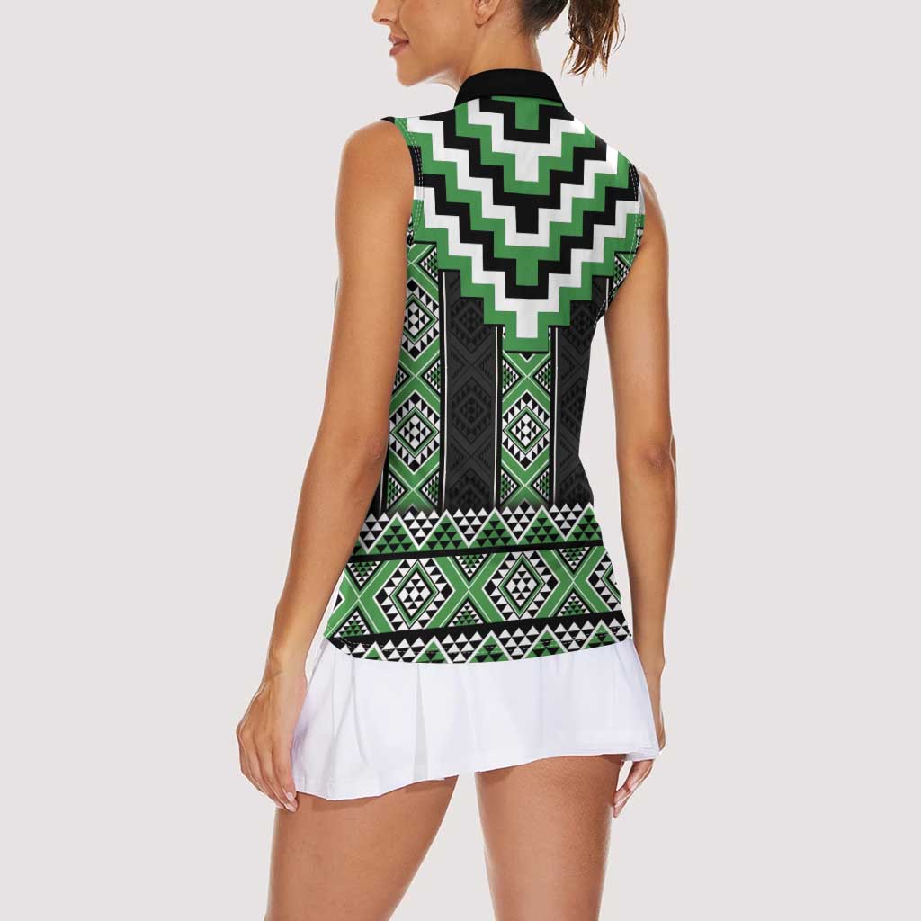 Green Taniko Pattern Aotearoa Women Sleeveless Polo Shirt Niho Taniwha Mix Poutama LT14 - Polynesian Pride