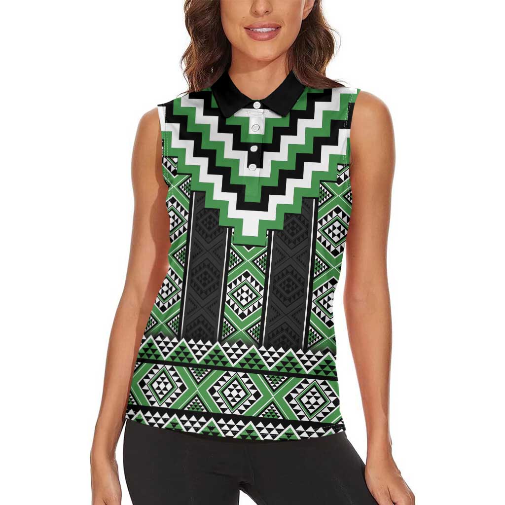 Green Taniko Pattern Aotearoa Women Sleeveless Polo Shirt Niho Taniwha Mix Poutama LT14 - Polynesian Pride