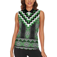 Green Taniko Pattern Aotearoa Women Sleeveless Polo Shirt Niho Taniwha Mix Poutama LT14 - Polynesian Pride