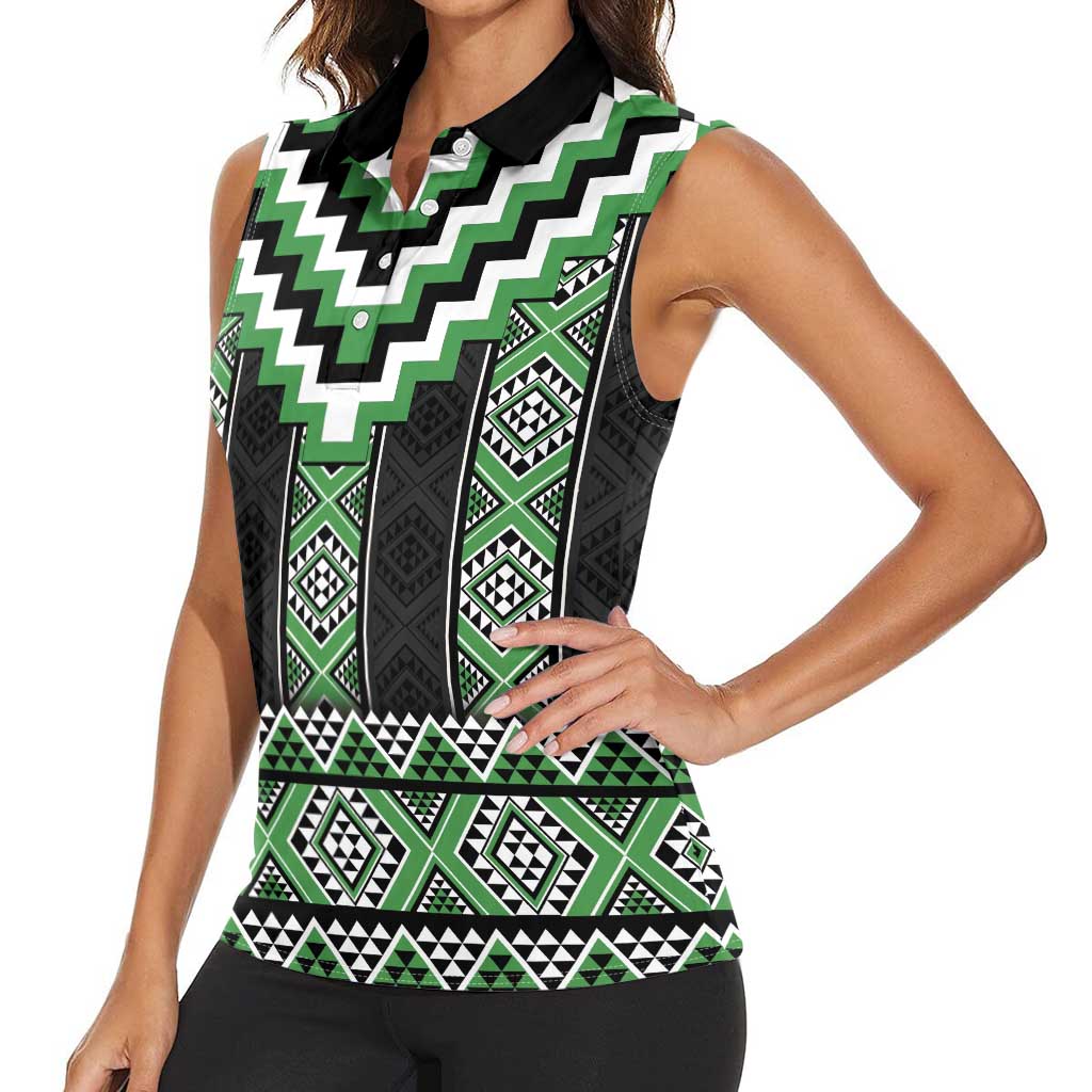 Green Taniko Pattern Aotearoa Women Sleeveless Polo Shirt Niho Taniwha Mix Poutama LT14 - Polynesian Pride