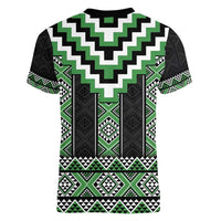 Green Taniko Pattern Aotearoa Women V-Neck T-Shirt Niho Taniwha Mix Poutama LT14 - Polynesian Pride